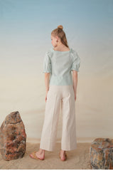 Striped Linen Blouse With Puff Sleeves, Button Front And Square Neckline Silhouette