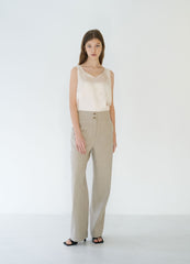 High-Waisted Wide-Leg Linen Pants with Front Button Detail and Tailored Silhouette
