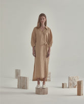 Collared Linen Shirt Dress With Waist Tie, Side Slits And Elbow-Length Sleeves