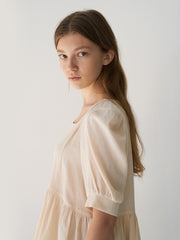 Linen Puff Sleeve Blouse with Square Neckline and Gathered Waist for Feminine Silhouette