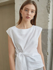Elegant Sleeveless Linen Blouse With Front Tie And Soft Drape For Refined Summer Styling