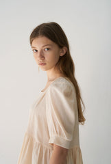 Linen Puff Sleeve Blouse with Square Neckline and Gathered Waist for Feminine Silhouette
