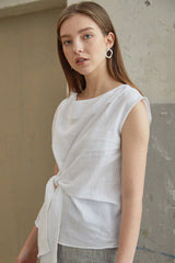 Elegant Sleeveless Linen Blouse With Front Tie And Soft Drape For Refined Summer Styling