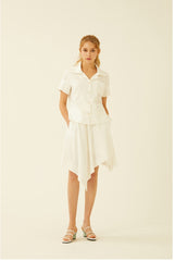 Short-Sleeve Linen Shirt With Wide Notched Collar And Button-Front Pocket Detail