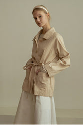 Relaxed-Fit Cotton Shirt for Women with Belted Waist and Wide Collar Design