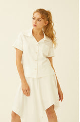 Short-Sleeve Linen Shirt With Wide Notched Collar And Button-Front Pocket Detail