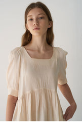 Linen Puff Sleeve Blouse with Square Neckline and Gathered Waist for Feminine Silhouette