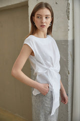 Elegant Sleeveless Linen Blouse With Front Tie And Soft Drape For Refined Summer Styling