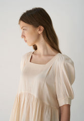 Linen Puff Sleeve Blouse with Square Neckline and Gathered Waist for Feminine Silhouette