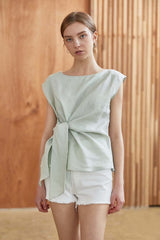 Sleeveless Linen Blouse with Waist Tie Detail – Lightweight Natural Fabric Summer Top