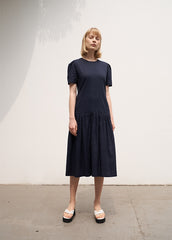Elegant Short Sleeve Linen Midi Dress with Gathered Skirt and Scoop Back Design