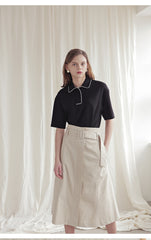 Short Sleeve Linen Blouse with Contrast Piping and Structured Collar for Modern Elegance