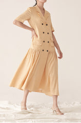 Tailored Double-Breasted Linen Dress with Notch Lapel and Pleated Drop-Waist Silhouette