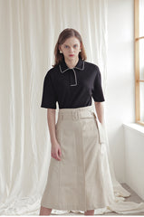 Short Sleeve Linen Blouse with Contrast Piping and Structured Collar for Modern Elegance