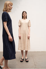 Elegant Short Sleeve Linen Midi Dress with Gathered Skirt and Scoop Back Design