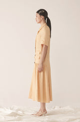 Tailored Double-Breasted Linen Dress with Notch Lapel and Pleated Drop-Waist Silhouette