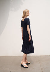 Elegant Short Sleeve Linen Midi Dress with Gathered Skirt and Scoop Back Design