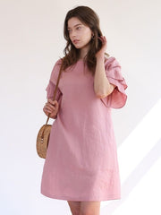 Ruffle Sleeve Linen Shift Dress with Relaxed Silhouette