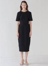 Elegant Short-Sleeve Linen Midi Dress with Back Cut-Out and Button Detail for Women