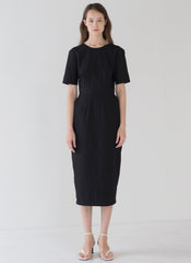 Elegant Short-Sleeve Linen Midi Dress with Back Cut-Out and Button Detail for Women