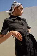 Button-Down Linen Midi Dress with Belted Waist, Short Sleeves and Structured Shirt Collar