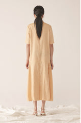 Tailored Double-Breasted Linen Dress with Notch Lapel and Pleated Drop-Waist Silhouette