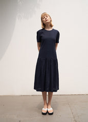 Elegant Short Sleeve Linen Midi Dress with Gathered Skirt and Scoop Back Design
