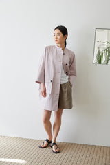 Structured Linen Shirt Dress With Stand Collar and Oversized Utility Pockets for Modern Women