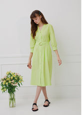 Button-Front Linen Midi Dress with Waist Belt and V-Neckline for Effortless Summer Style