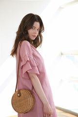 Ruffle Sleeve Linen Shift Dress with Relaxed Silhouette