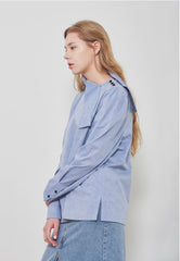 Long Sleeve Linen Shirt with Asymmetric Neckline and Button Detail