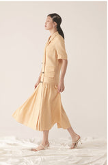Tailored Double-Breasted Linen Dress with Notch Lapel and Pleated Drop-Waist Silhouette