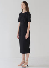 Elegant Short-Sleeve Linen Midi Dress with Back Cut-Out and Button Detail for Women