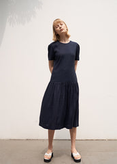 Elegant Short Sleeve Linen Midi Dress with Gathered Skirt and Scoop Back Design