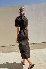 Button-Down Linen Midi Dress with Belted Waist, Short Sleeves and Structured Shirt Collar