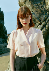 Short Sleeve Linen Blouse For Women - Double-Breasted Linen Shirt Top With Shawl Collar Detail