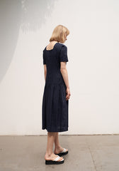Elegant Short Sleeve Linen Midi Dress with Gathered Skirt and Scoop Back Design