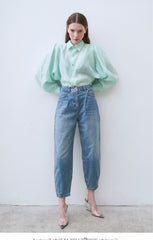 Linen Shirt with Structured Puff Sleeves and Classic Collar