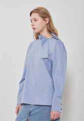 Long Sleeve Linen Shirt with Asymmetric Neckline and Button Detail