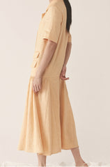 Tailored Double-Breasted Linen Dress with Notch Lapel and Pleated Drop-Waist Silhouette