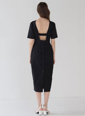 Elegant Short-Sleeve Linen Midi Dress with Back Cut-Out and Button Detail for Women