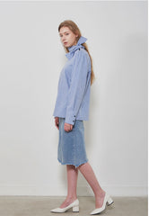 Long Sleeve Linen Shirt with Asymmetric Neckline and Button Detail