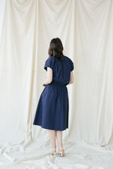 Pleated Linen Midi Dress with Cap Sleeves and Elastic Waist for Effortless Style