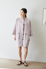 Structured Linen Shirt Dress With Stand Collar and Oversized Utility Pockets for Modern Women