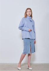 Long Sleeve Linen Shirt with Asymmetric Neckline and Button Detail
