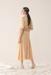 Tailored Double-Breasted Linen Dress with Notch Lapel and Pleated Drop-Waist Silhouette