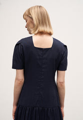 Elegant Short Sleeve Linen Midi Dress with Gathered Skirt and Scoop Back Design