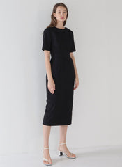 Elegant Short-Sleeve Linen Midi Dress with Back Cut-Out and Button Detail for Women