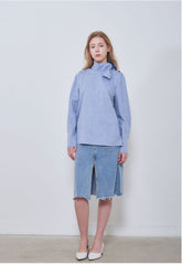 Long Sleeve Linen Shirt with Asymmetric Neckline and Button Detail