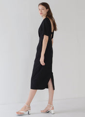Elegant Short-Sleeve Linen Midi Dress with Back Cut-Out and Button Detail for Women
